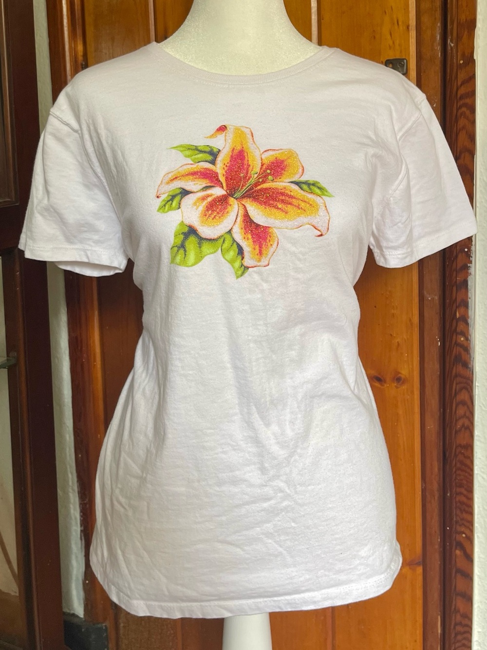 Hanes White Cotton T-Shirt Flower Glitter Graphic Size S